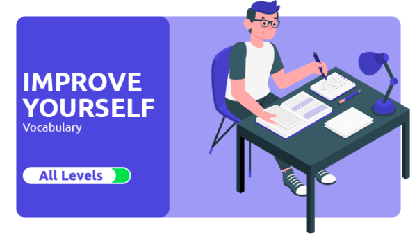 Banner do Curso de Inglês: Improve Yourself Vocabulary - Um jovem estudando e fazendo anotações em seu caderno