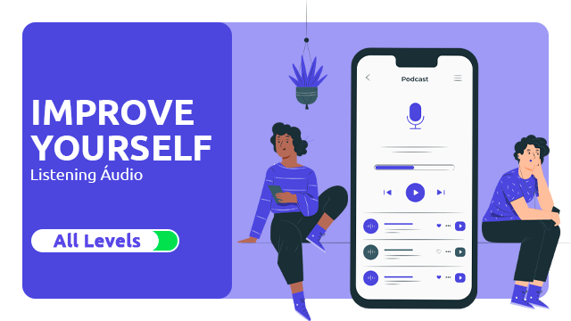 Banner do Curso de Inglês: Improve Yourself Listening Audio - Duas pessoas sentadas ao lado de um celular gigante