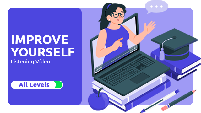 Banner do Curso de Inglês: Improve Yourself Listening Video - Uma mulher saindo de dentro de um vídeo no notebook