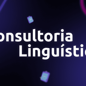 Banner do Curso de Inglês: Consultoria Linguística - Uma tela escrito "Consultoria Linguística" no centro com várias pranchetas voando ao redor